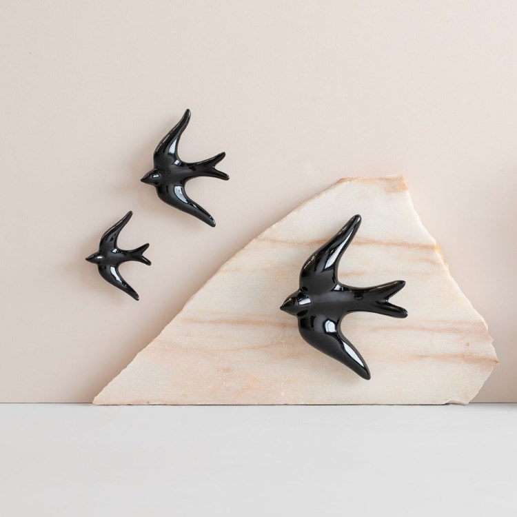 Set of 3 black ceramic swallows