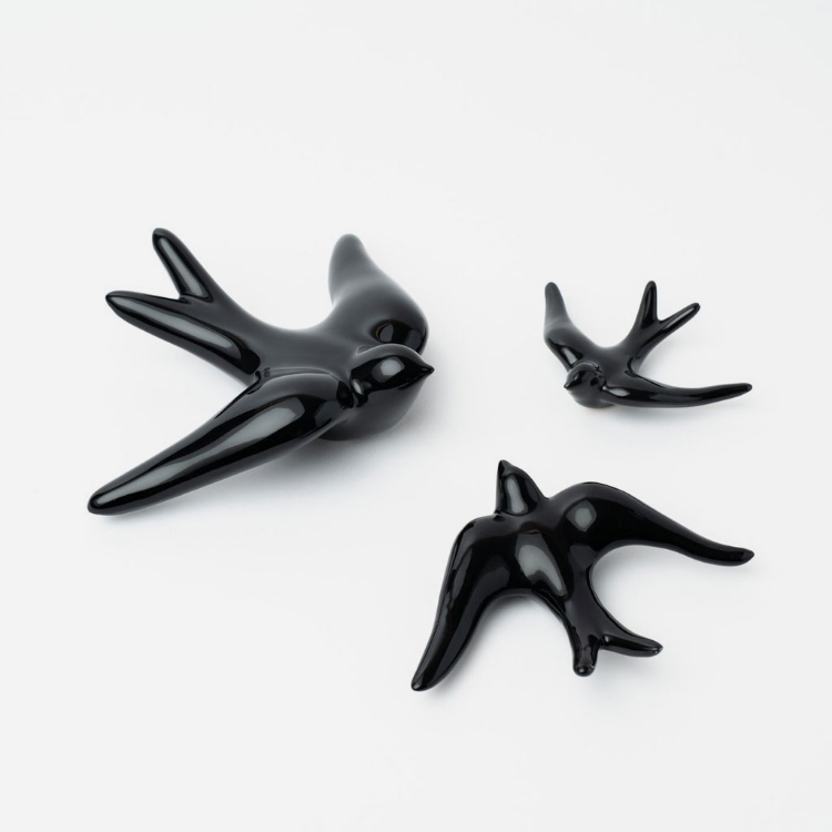 Set of 3 black ceramic swallows