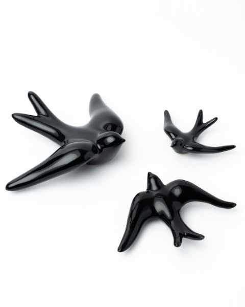 Set of 3 black ceramic swallows