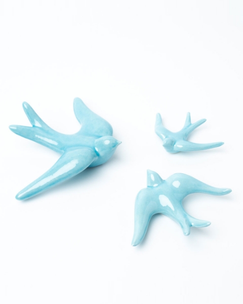 Set of 3 light blue ceramic swallows